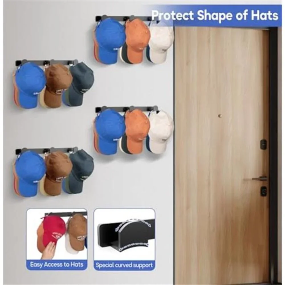 Baseball Cap Hat Rack Wall Hat Organizer Cap Holder Storage Hooks Holds 36 Hats